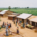 A photograph-style image of a vibrant rural community in Borno State, Nigeria, showcasing daily life activities such as farming, trading, or community gatherings. The image should convey the social and economic context of the project area