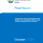 This document is an Environmental and Social Management Plan (ESMP) for the rehabilitation of workshops and offices in three Government Technical Colleges (GTCs) in Ekiti State, Nigeria: GTC Igbara Odo, GTC Otun-Ekiti, and GTC Ijero-Ekiti.