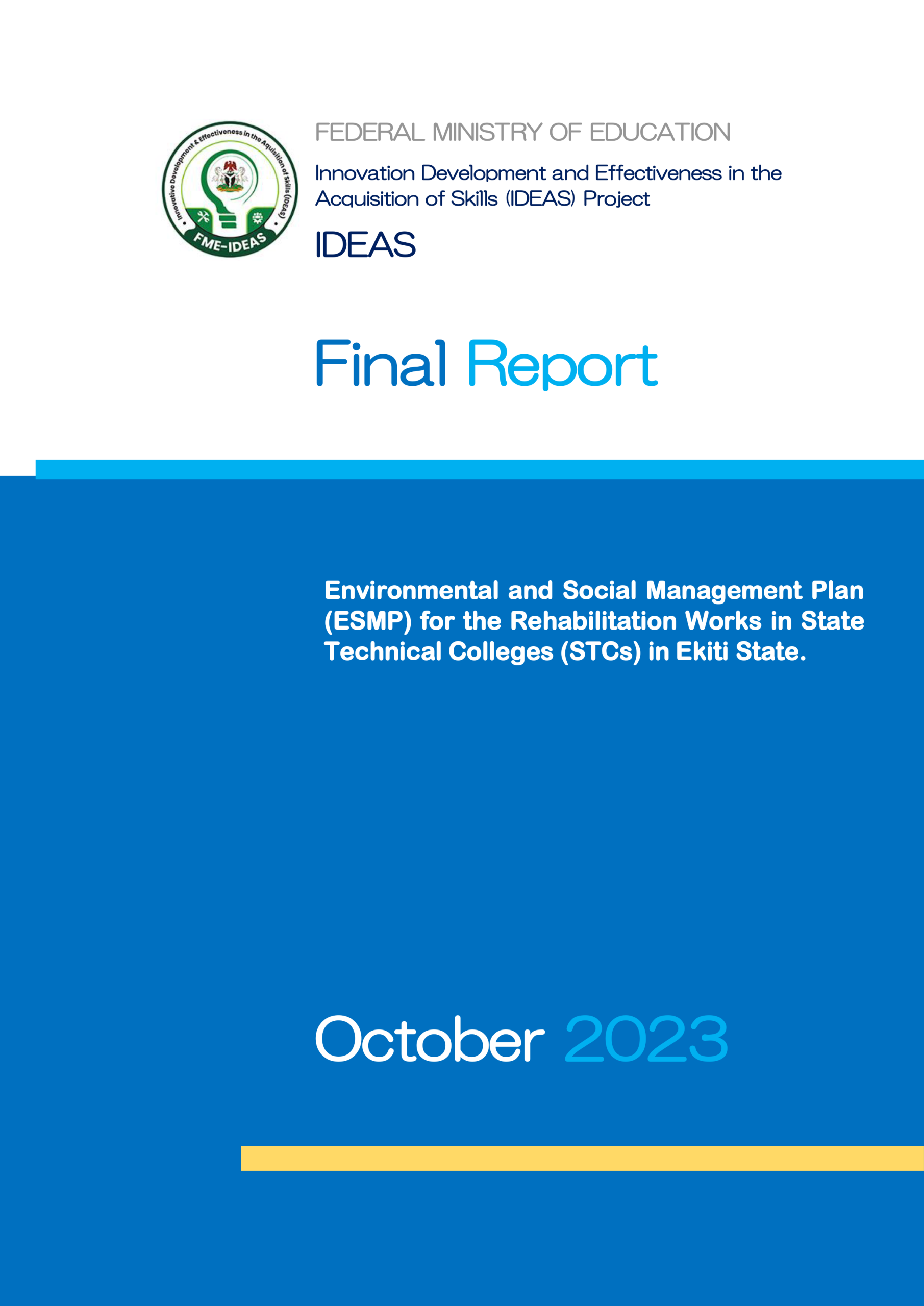 This document is an Environmental and Social Management Plan (ESMP) for the rehabilitation of workshops and offices in three Government Technical Colleges (GTCs) in Ekiti State, Nigeria: GTC Igbara Odo, GTC Otun-Ekiti, and GTC Ijero-Ekiti.